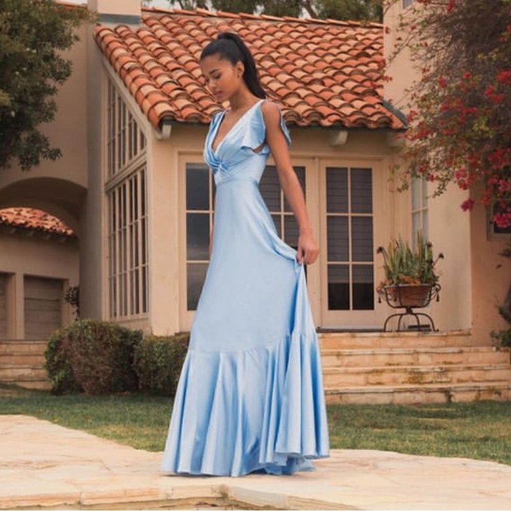 NWT Mac Duggal Blue FLOUNCE SLEEVE SATIN GOWN Missing Belt Size 2